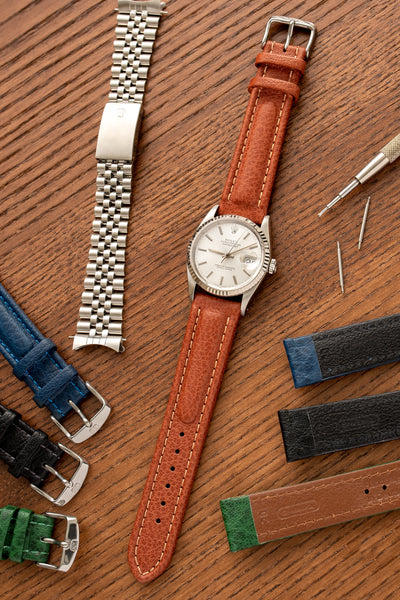 Rolex Oyster Perpetual Datejust white dial fitted with Di-modell polo sherpa watch strap in gold brown